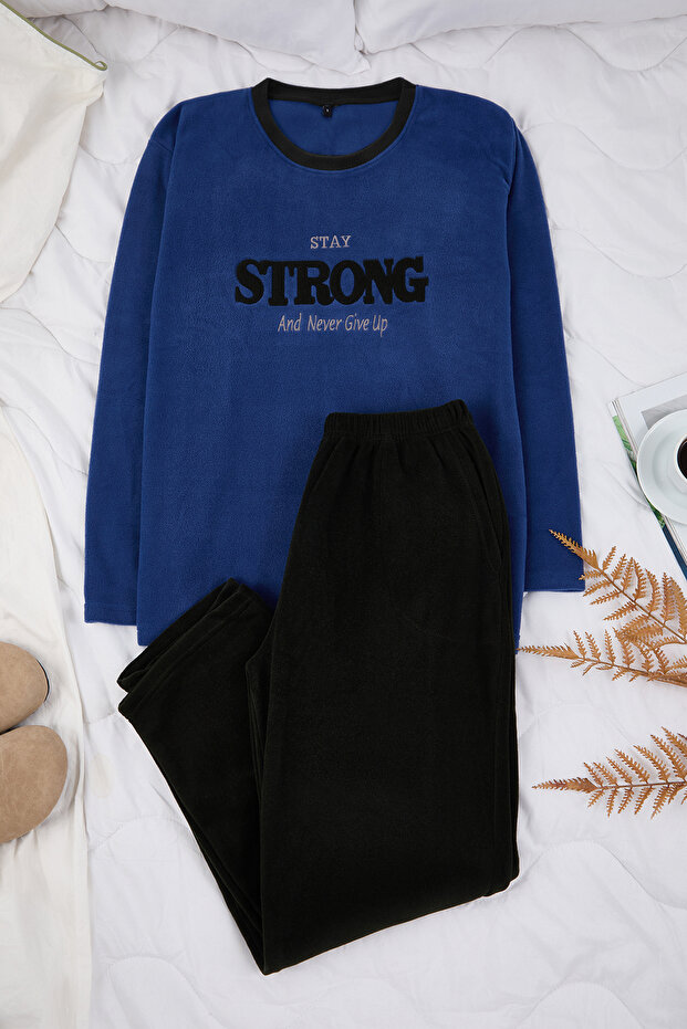 İndigo Regular Kesim Slogan Nakışlı Polar/Kışlık Pijama Takımı TMNAW26PT00038 - 5