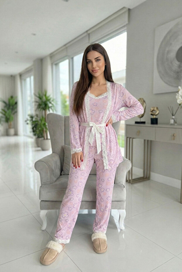 Pink Stripe Floral Patterned Pegasus Pajama Set with Dressing Gown - 5