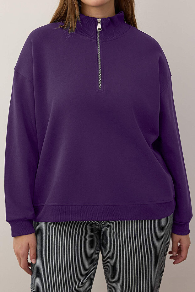 Mürdüm Yakası Fermuarlı Regular Büyük Beden Sweatshirt TBBAW26AO00019 - 4