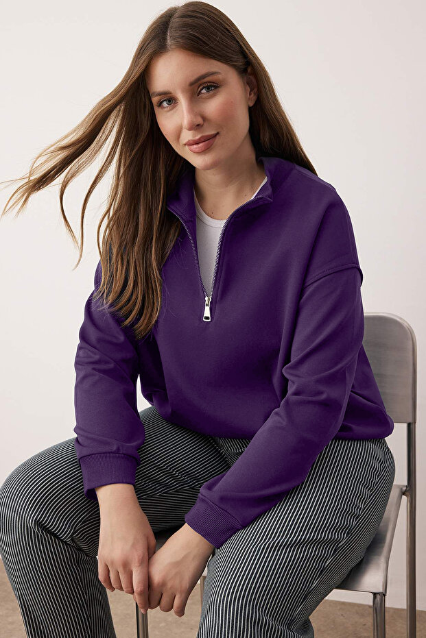Mürdüm Yakası Fermuarlı Regular Büyük Beden Sweatshirt TBBAW26AO00019 - 1