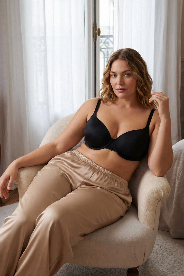 Siyah Sabit Kaplı Dolgusuz Balenli T-Shirt Bra Büyük Beden Sütyen TBBAW26CW00003 - 1