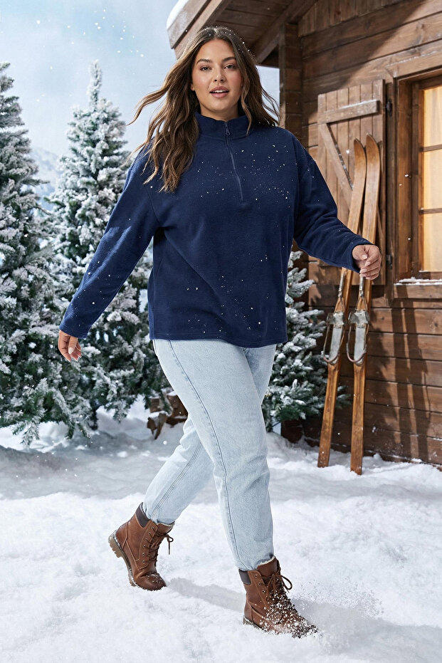 Granatowa koszulka z zamkiem błyskawicznym przy kołnierzu, o regularnym kroju, z dzianiny TBBAW23AO00006 - 1