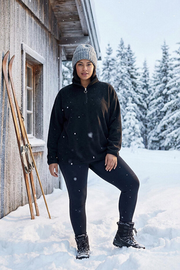 Siyah Kalın Polar Kapüşonlu ve Fermuarlı Oversize Örme Büyük Beden Sweatshirt TBBAW25AO00030