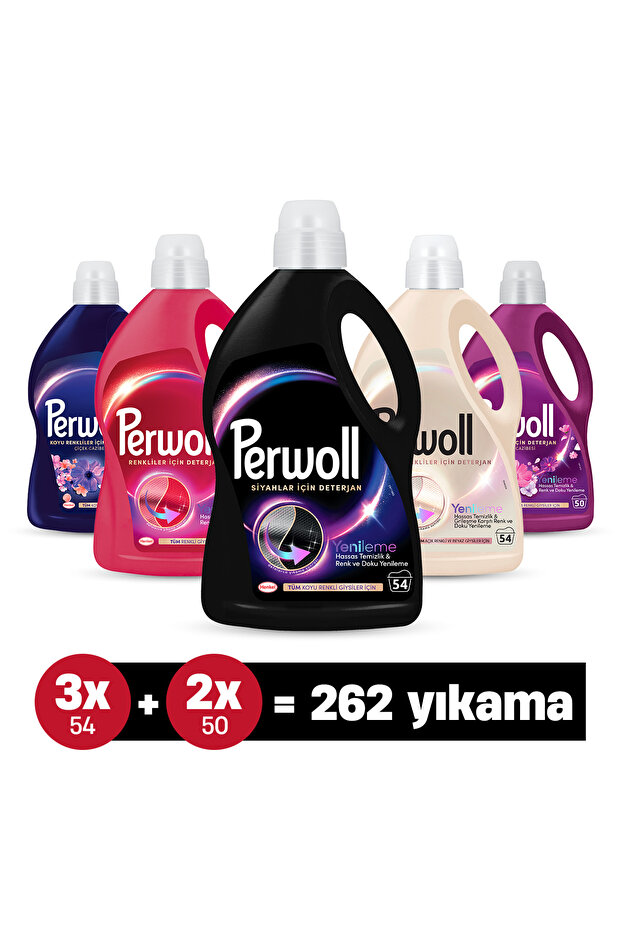 Perwoll Çamaşır Deterjanı 5'li set (262 Yıkama) : Siyah + Renkl, 2.97L , x2 Açık Renk 2.75L
