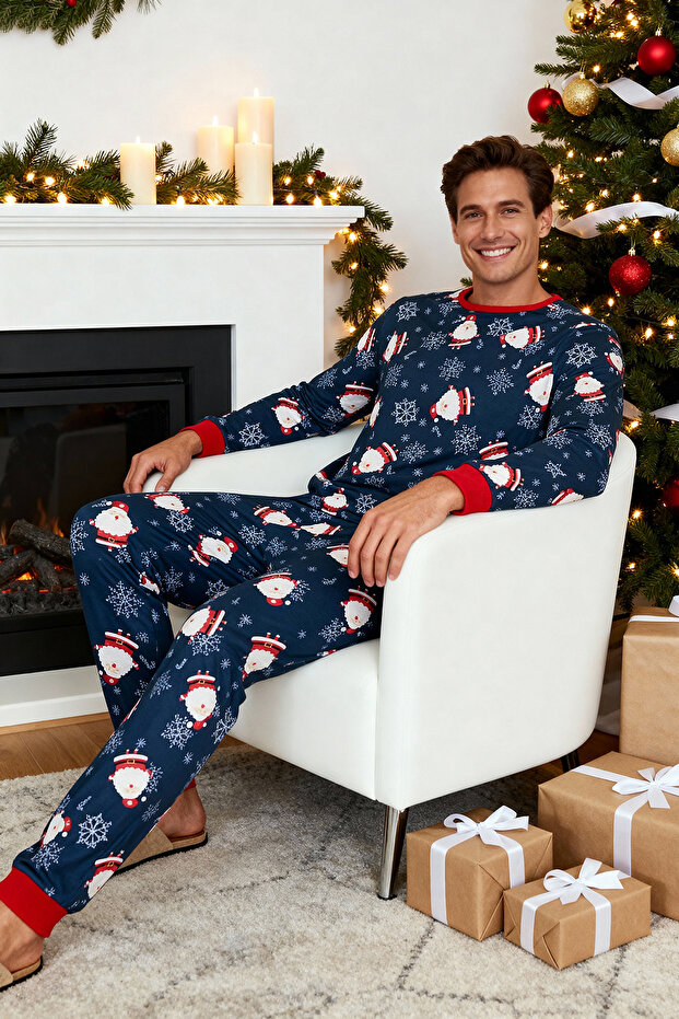 Granatowy zestaw piżam z dzianiny o regularnym kroju - kombinacja rodzinna TMNAW23PT00064 - 1