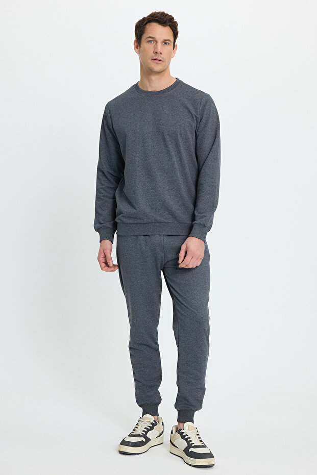 Men's Regular Fit Classic Cut Cotton 2 Thread Soft Textured Crew Neck Smoked Tracksuit Set