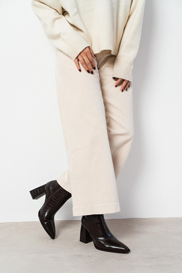 Dámské kozačky na podpatku Juanita Brown Patterned - Detailed Zip - 1