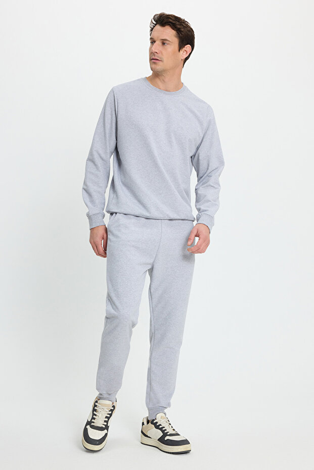 Men's Regular Fit Classic Cut Cotton 2 Thread Soft Textured Crew Neck Gray Tracksuit Set