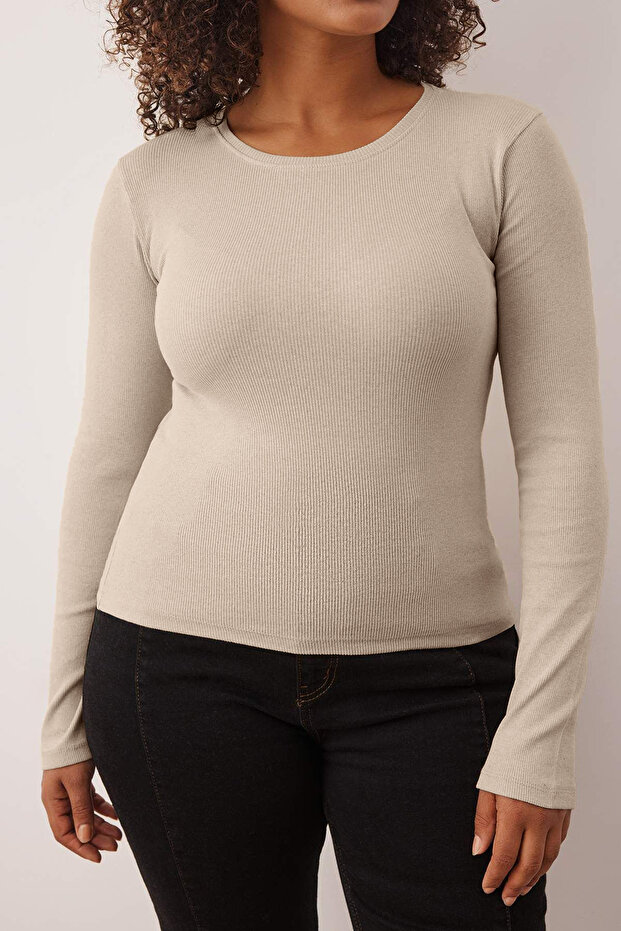 Kahverengi-Bej 2'li Paket Crop Kaşkorse Örme Büyük Beden Bluz TBBAW26AF00055 - 4