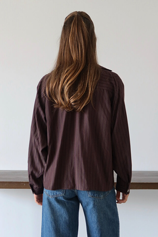 Kahverengi Çizgili Oversize Dokuma Gömlek TWOAW26GO00138 - 4