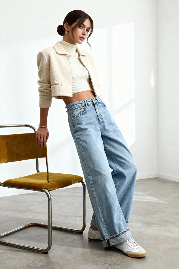 Açık Mavi Katlı Paça Normal Bel Loose Baggy Jeans TWOSS25JE00001 - 1