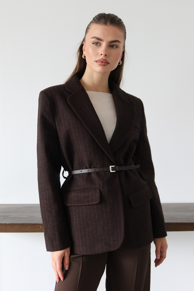 Hnědý pruhovaný tkaný blejzr s páskem TWOAW26BC00072 - 5