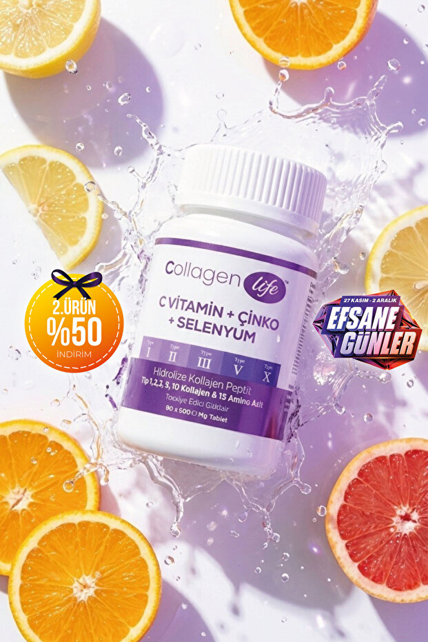 Collagen Life 5 Tip Kolajen Tip 1, Tip 2, Tip 3, Tip 5 ,tip 10, ( Selenyum , C Vitamini Ve Çinko ) 90 Tablet