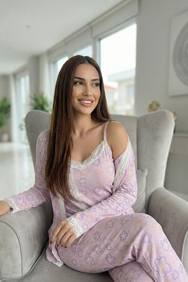 Pink Stripe Floral Patterned Pegasus Pajama Set with Dressing Gown - 3