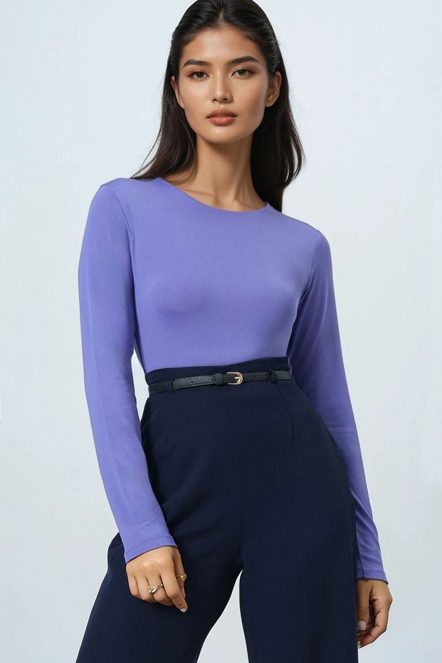 Women's Lilac Crew Neck Jumpsuit with Snap Buttons at the Bottom Blouse Alc-X14388