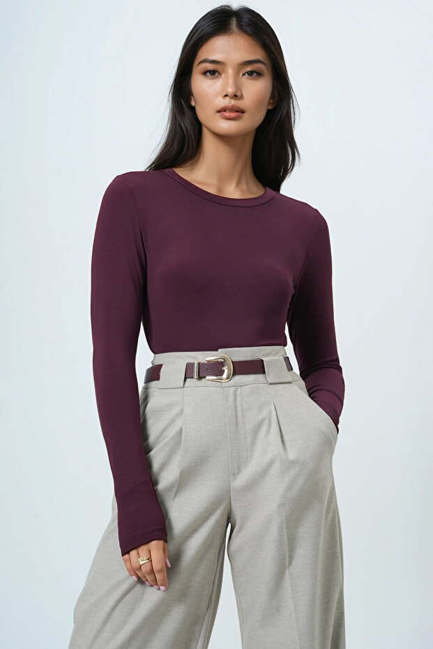 Women's Plum Crew Neck Basic Blouse Alc-X14389