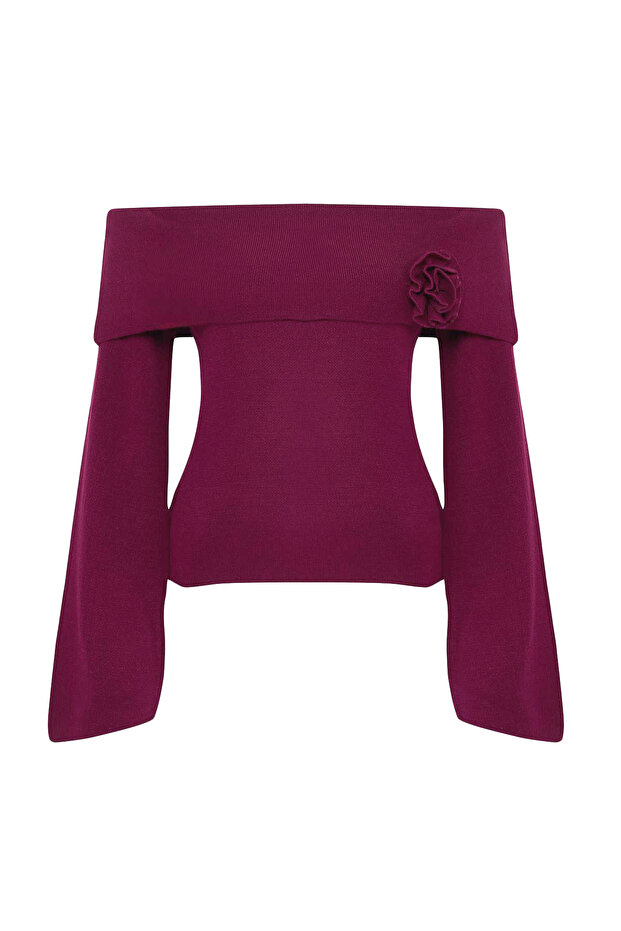 Bordo Gül Detaylı Carmen Yaka Triko Kazak TWOAW25KZ00373 - 6