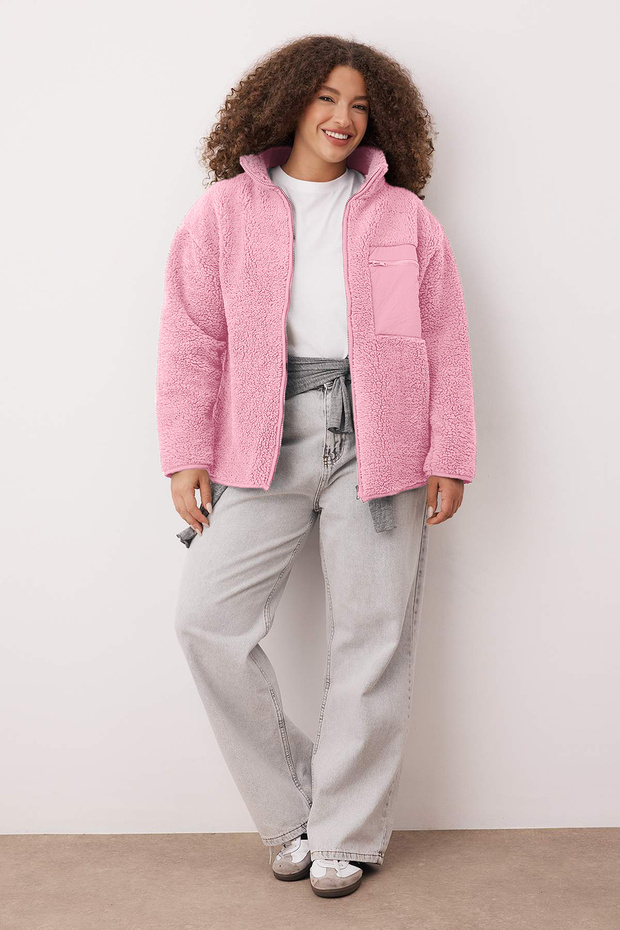 Winter Essentials Pembe Kalın Polar Fermuarlı Dik Yaka Cepli Örme Sweatshirt TBBAW26AO00022 - 2