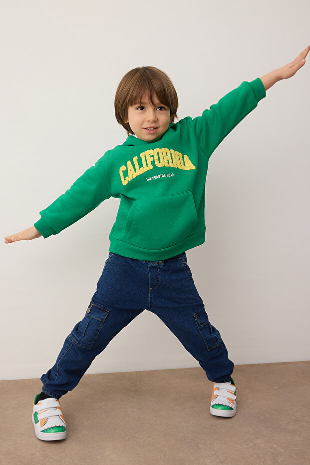 Yeşil Pamuklu Slogan Baskılı Kapüşonlu Oversize Örme Unisex Çocuk Sweatshirt TKDAW26SW00025 - 3