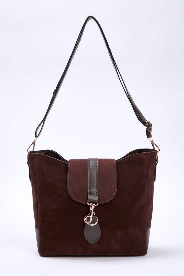 Dark Brown Suede Buckle Detailed Women's Midi Tote Shoulder Bag Takaw26Oc00063