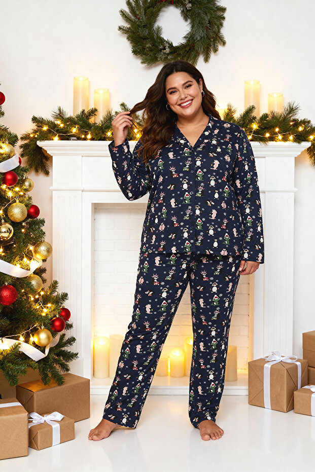 Lacivert Gömlek Yaka Yılbaşı Temalı Örme Pijama Takımı TBBAW24AI00002 - 1