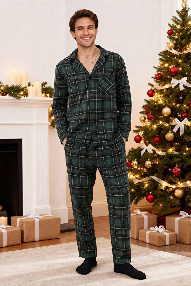 Yeşil Regular Fit Ekose Dokuma Pijama Takımı TMNAW22PT1080 - 2