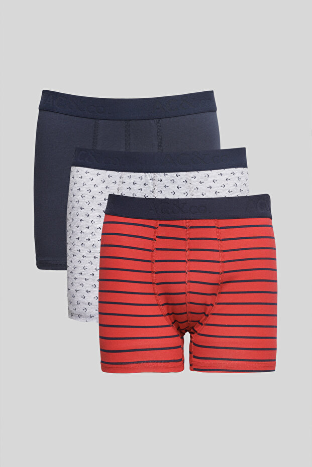 Erkek Premium Pamuklu Lacivert-kırmızı 3'lü Esnek Boxer Paketi (Damat Bohçası) Çeyiz Seti - 1
