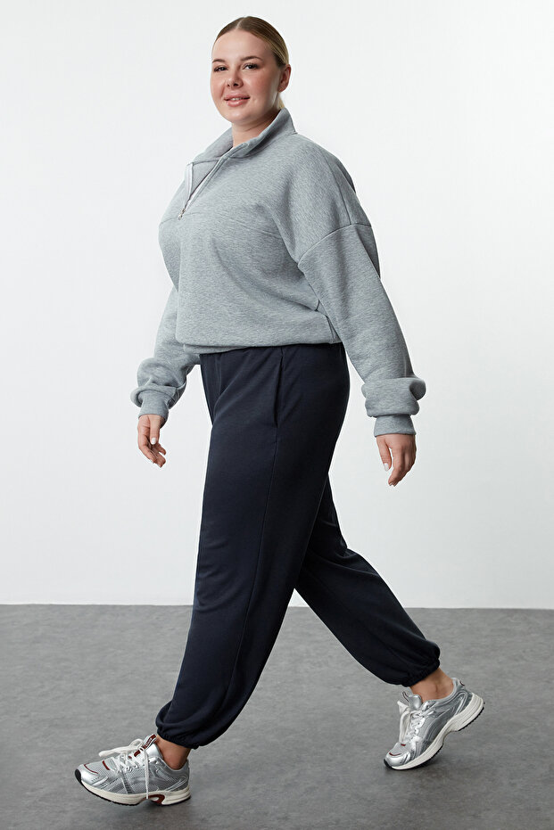 Indigo Loose Jogger Dökümlü Yumuşak Tuşeli Örme Büyük Beden Eşofman Altı TBBAW25AJ00003 - 5