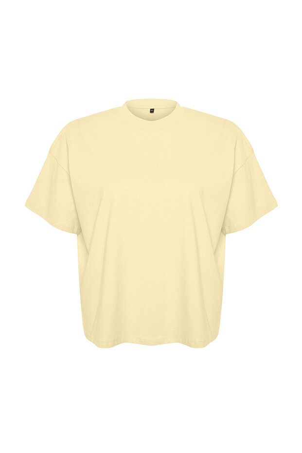 Sarı Yaka Ribanalı Geniş Kalıp Basic %100 Pamuk Örme T-shirt TBBSS23BF00017 - 5