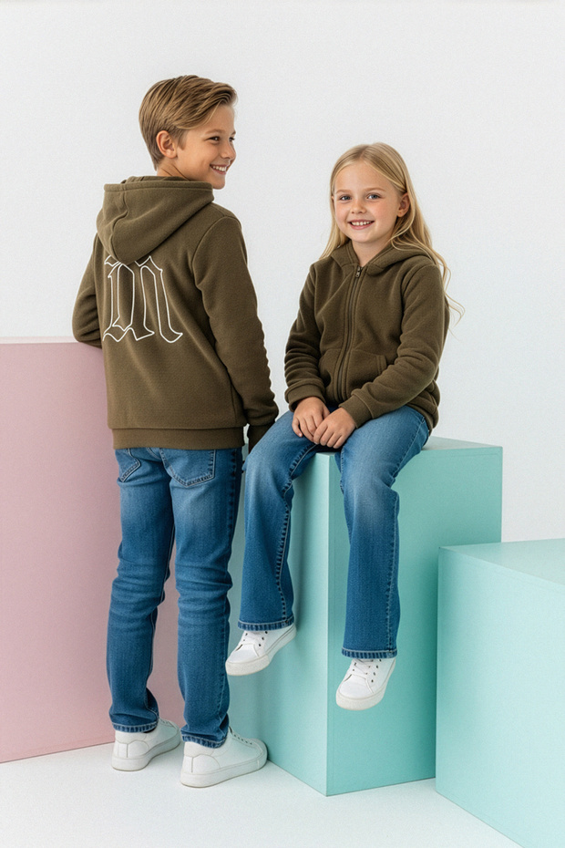 Khaki Back Printed Fleece Unisex Children's Knitted Sweatshirt Tkdaw26Sw00029