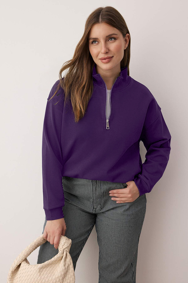Mürdüm Yakası Fermuarlı Regular Büyük Beden Sweatshirt TBBAW26AO00019 - 3