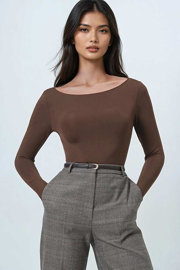 Women's Brown Boat Neck Basic Blouse Alc-X14395