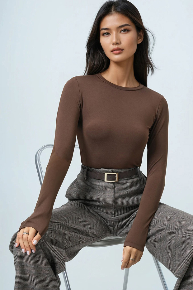 Women's Bitter Brown Crew Neck Basic Blouse Alc-X14389