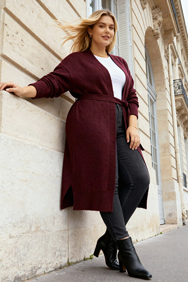 Mürdüm Oversize/Bol Kesim Triko Hırka TBBAW23AV00017 - 1
