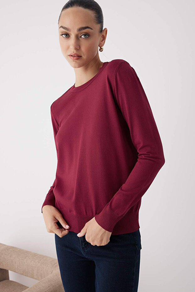 Trendyolmilla  Wardrobe Essentials Bordo Merserize Görünümlü İnce Basic Triko Kazak | TWOAW26KZ00081 - Görsel 3