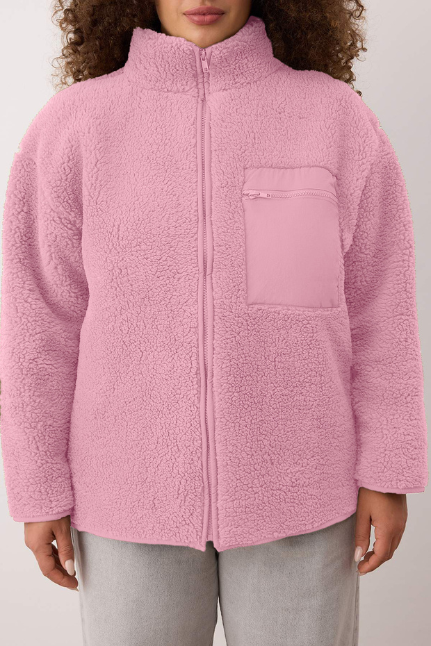 Winter Essentials Pembe Kalın Polar Fermuarlı Dik Yaka Cepli Örme Sweatshirt TBBAW26AO00022 - 3