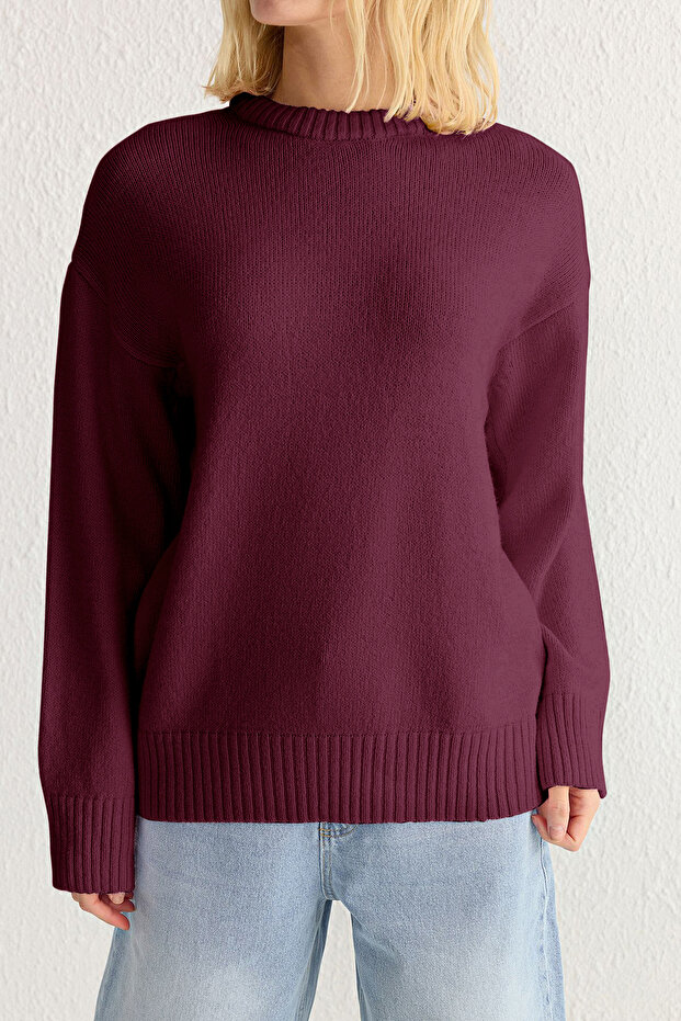 Bordo Geniş Kalıp Yumuşak Dokulu Triko Kazak TWOAW25KZ00168 - 4