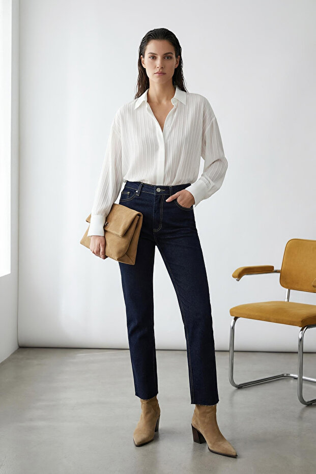 Koyu Mavi Yüksek Bel YENİ MOM Orta Esnek Jeans TWOAW26JE00026 - 1