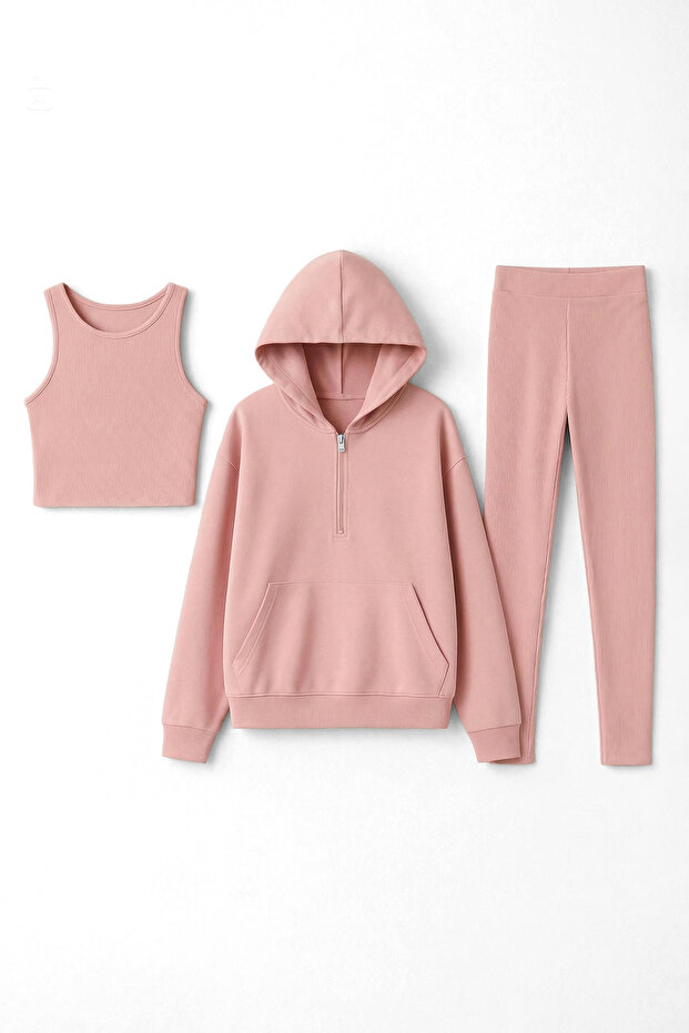 Gül Kurusu 3'lü Oversize/Geniş Kalıp Kapüşonlu Taytlı Örme Alt - Üst Takım TWOAW26AU00151 - 2