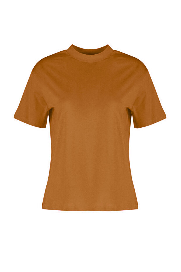 Açık Kahverengi %100 Pamuk Basic Regular/Normal Kalıp Dik Yaka Örme T-Shirt TWOAW20TS0096 - 10