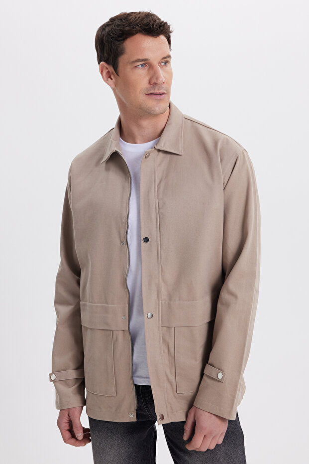 Men's Relax Fit Comfortable Cut 100% Cotton Double Pocket Zippered Beige Coat Shirt