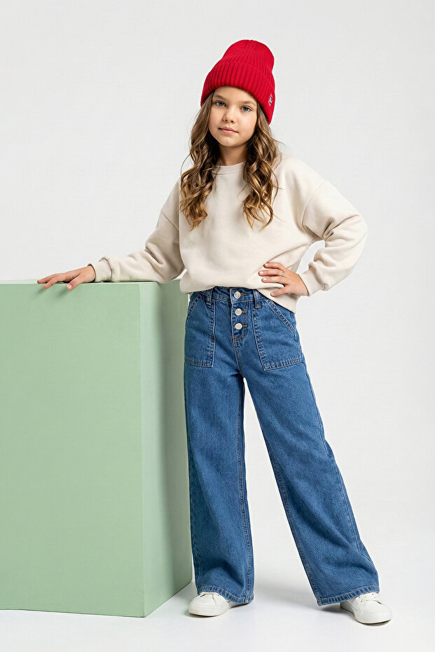 Orta Mavi-5001 Kız Çocuk Geniş Paça Cepli Pamuklu Lastikli Jean Denim Pantolon TWOAW25PL00066 - 2