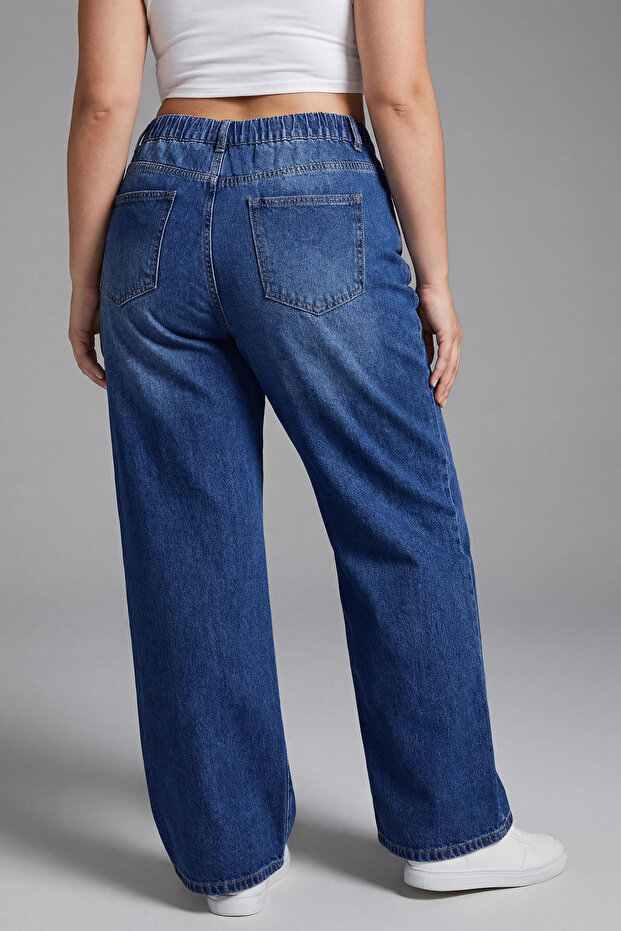 Koyu Mavi Yüksek Bel Beli Lastikli Geniş Paça Wide Leg Büyük Beden Jeans TBBAW26CJ00041 - 1