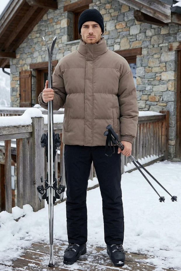Açık Kahverengi Oversize Fit Dik Yaka Kışlık Şişme Mont TMNAW24MO00012 - 1