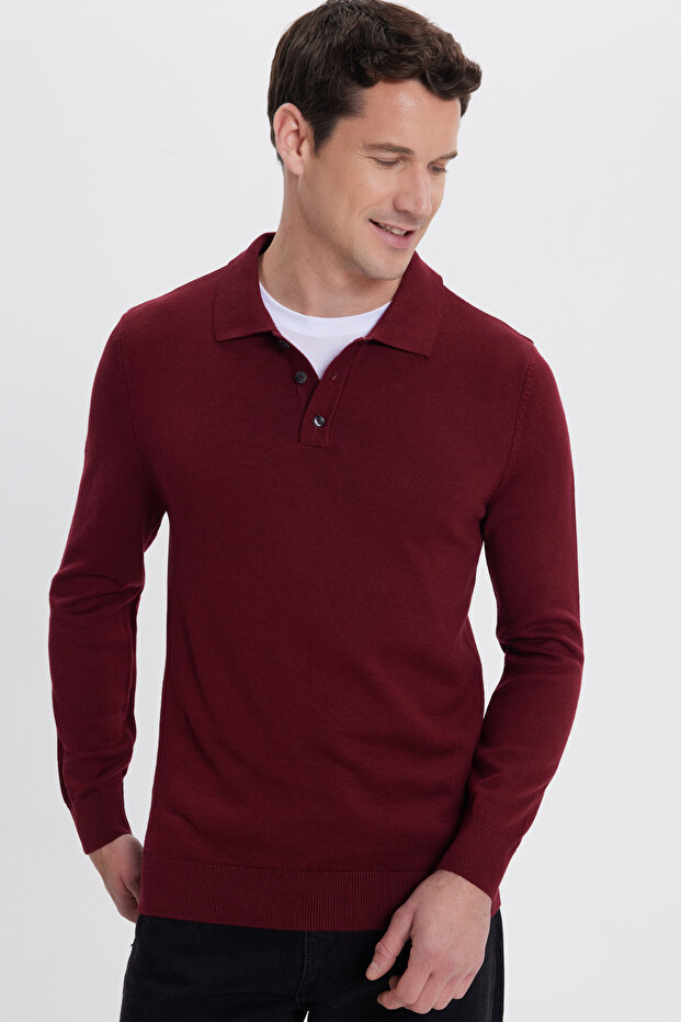 Men's standard fit regular cut cotton polo collar burgundy sweater