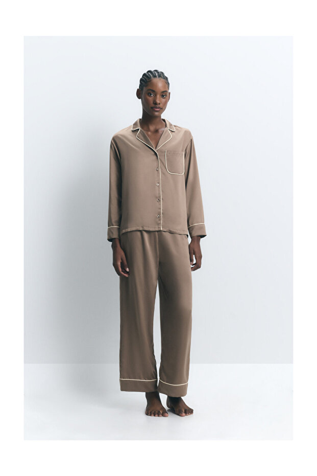 PIŻAMA DAMSKA SATYNOWA KOSZULA M/L SPODNIE L - 10