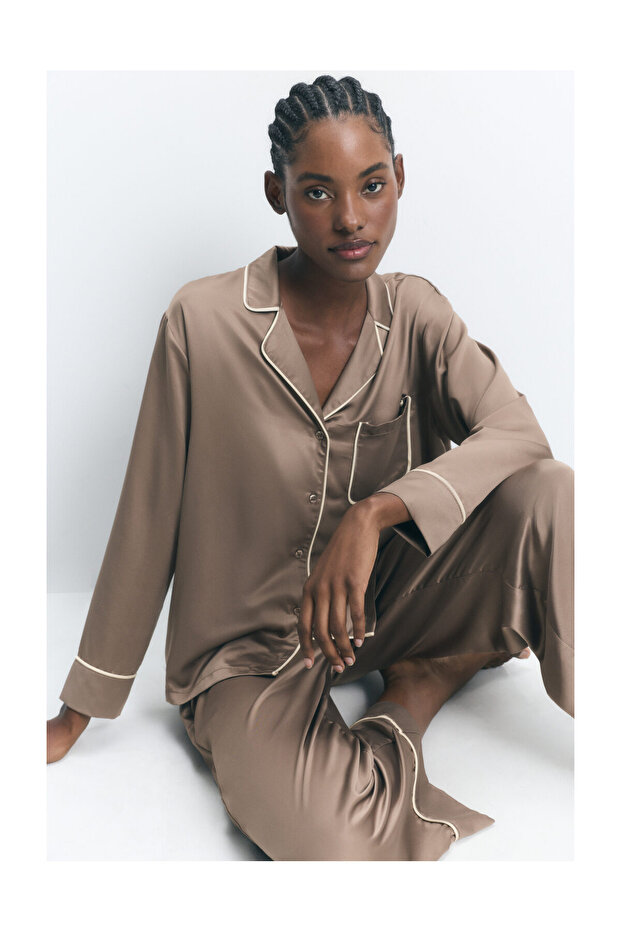 PIŻAMA DAMSKA SATYNOWA KOSZULA M/L SPODNIE L - 5