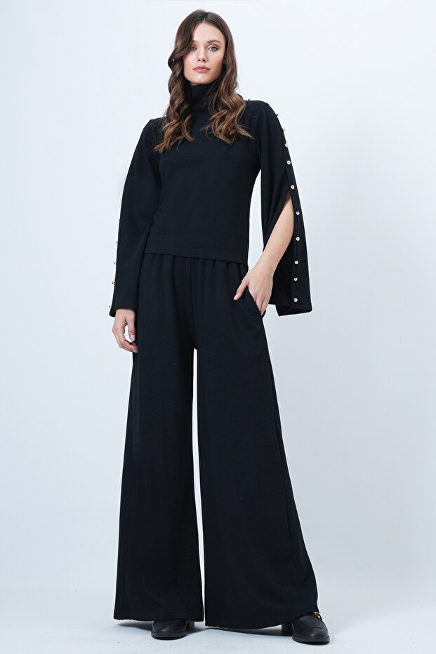 Black Slit Cuff Button Detailed Blouse and Trousers Set Alc-X14681