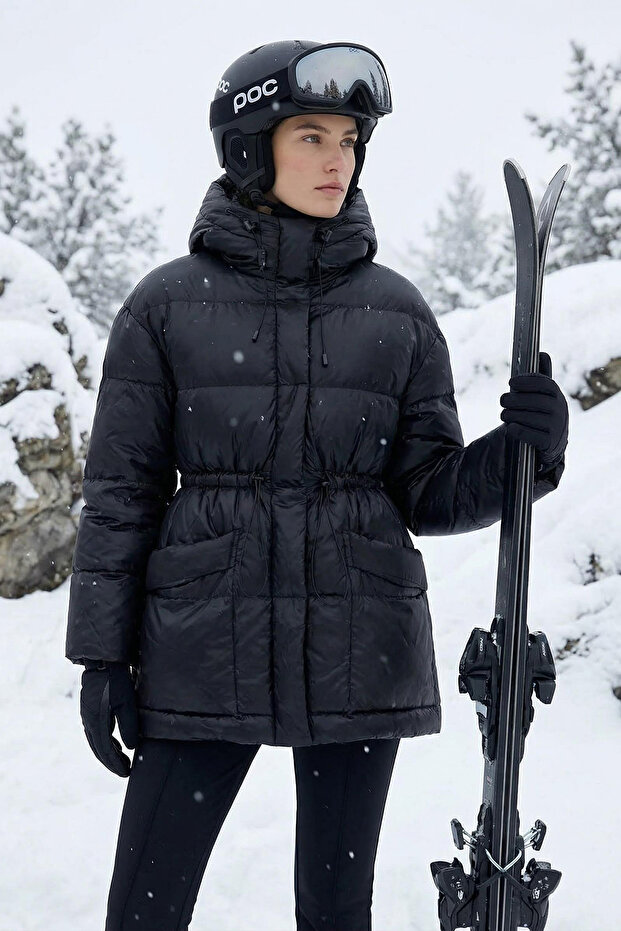 Siyah Oversize Kapüşonlu Kaz Tüylü Şişme Mont TWOAW25MO00111 - 1