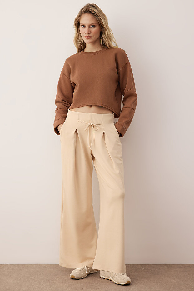 Taş Wide Leg Yumuşak Kumaşlı Pilili Esnek Örme Pantolon TWOAW26PL00138 - 1